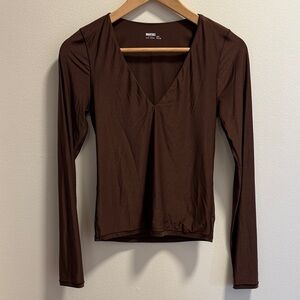 aerie Chocolate Brown V-Neck Long Sleeve Top